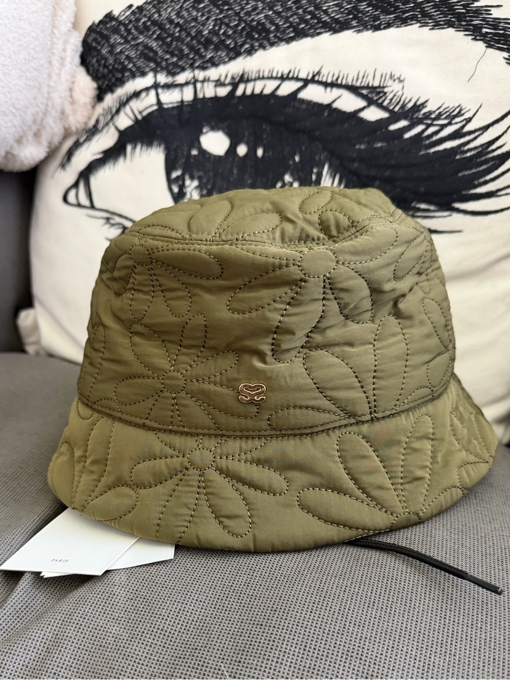 Sandro Olive Quilted Floral Bucket Hat with Logo Pin - Picture 2 of 3